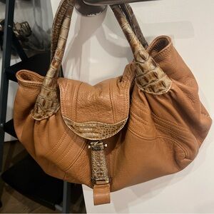 Fendi Tan Leather Hobo Bag with Crocodile Accents